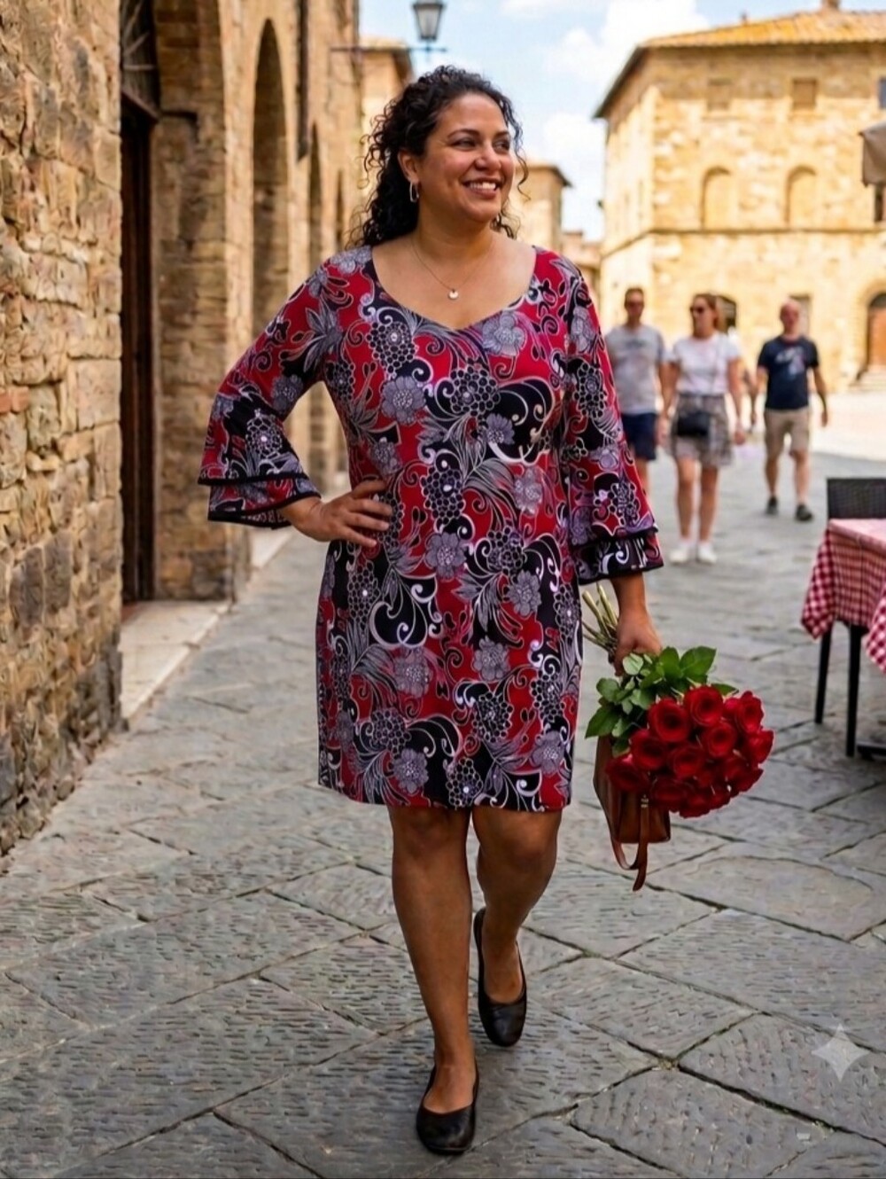 Sami And Jo Women's Red Floral Bell-Sleeve Dress